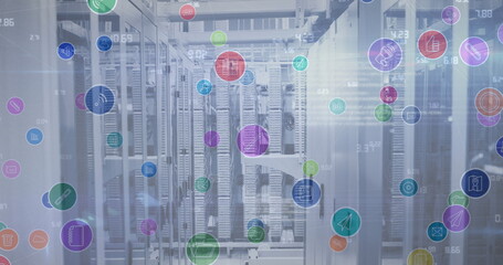 Image of digital icons and data processing over computer servers in background