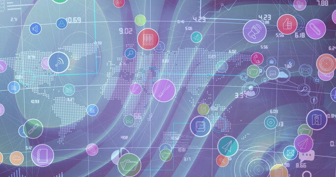 Image of digital icons and numbers changing over world map in background