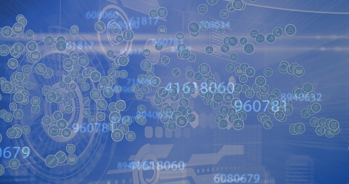 Image of digital icons, numbers changing and scopes scanning on blue background