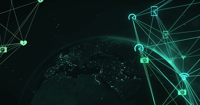 Naklejki A digital network overlay spans across a view of Earth from space