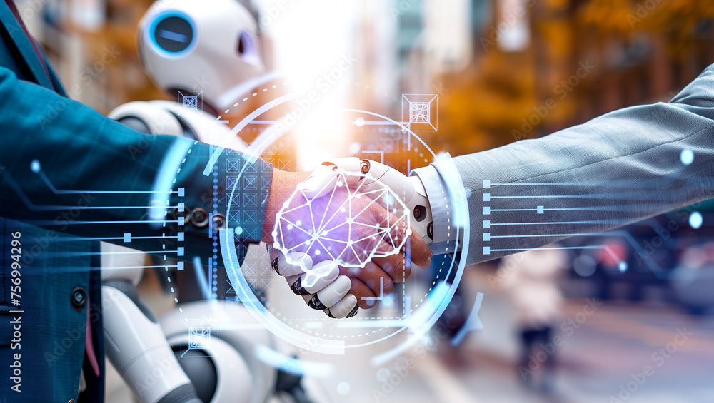 Poster man and robot handshake, machine brain hologram. ai generative illustration
