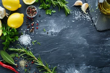Fototapeten Food background with herbs spices olive oil salt lemons and vegetables on slate and wood © The Big L