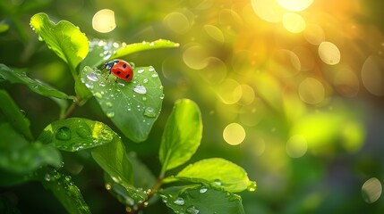 Tropfen Morgentau und Marienkäfer auf jungen saftigen frischen grünen Blättern , Drops of morning dew and ladybugs on young juicy fresh green leaves - obrazy, fototapety, plakaty