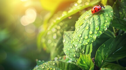 Tropfen Morgentau und Marienkäfer auf jungen saftigen frischen grünen Blättern , Drops of morning dew and ladybugs on young juicy fresh green leaves