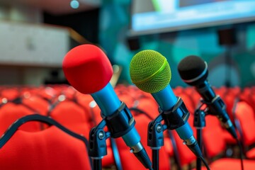 Four coloured microphones on a stand on a podium with many red chairs blurred in the background representing communication at an event seminar or press conferenc