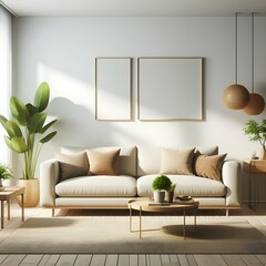 Include a beige sofa adorned with cushions, placed on a large area rug., photo