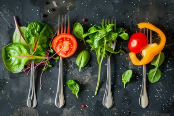 Four forks with assorted vegetables - obrazy, fototapety, plakaty