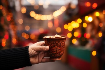 A man's hand holding a cup of Champurrado against a backdrop of festive decorations during a Mexican celebration.