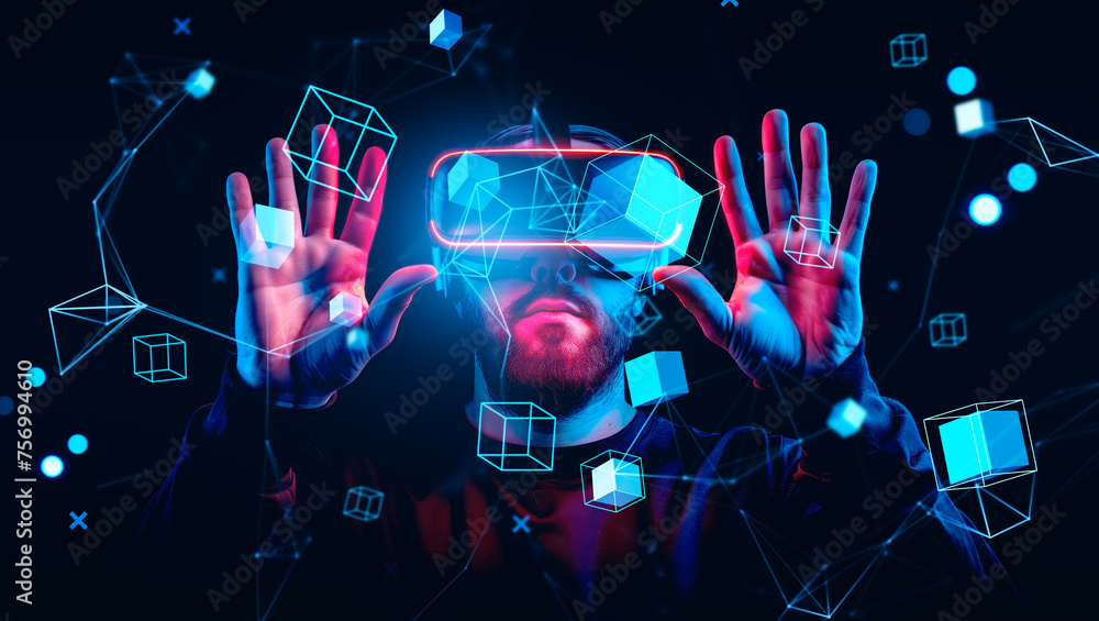 Poster man in vr glasses hands touch blocks in cyberspace. ai generative illustration