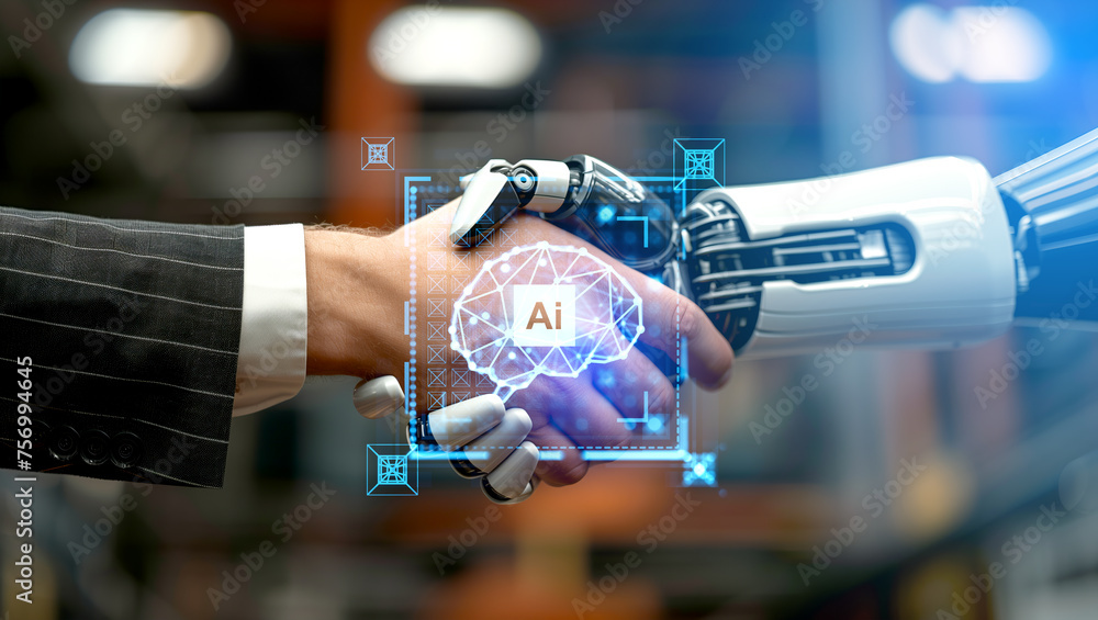 Poster man and robot handshake, digital ai brain hologram. ai generative illustration