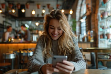 Smiling young woman using smartphone in a rustic cafe, Concept of technology in everyday life and casual business communication
