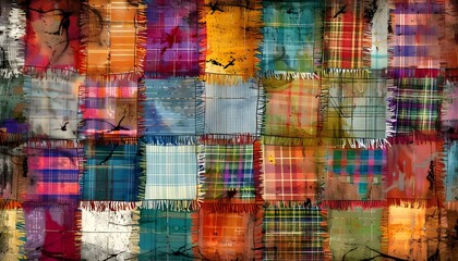 Grunge wavy colorful quilt weave plaid with fringe