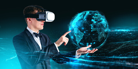 Businessman in vr glasses, earth sphere hologram. Ai generative illustration