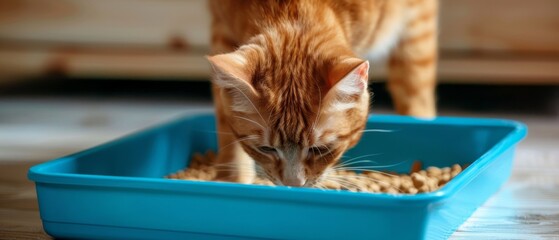 Ginger cat sniffs blue tray with cat litter - obrazy, fototapety, plakaty