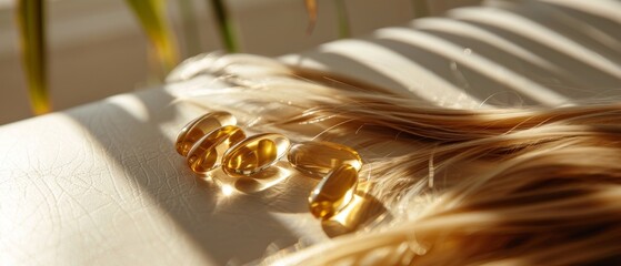 Golden capsule hair care oil or serum on blond hair strand salon or home care concept