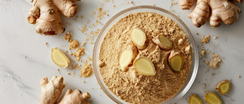 Ginger powder composition on light background