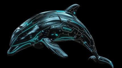 Illustration of a Cybernetic Robot dolphin with Futuristic Military Design, Isolated on a Black Background. - obrazy, fototapety, plakaty
