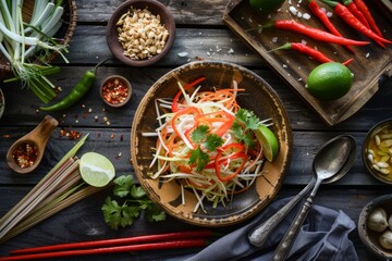 Green papaya salad on wooden table Thai cuisine concept Top view