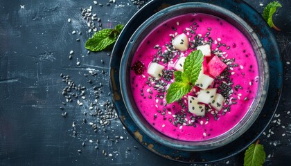 Healthy breakfast of dragon fruit smoothie bowl viewed from above