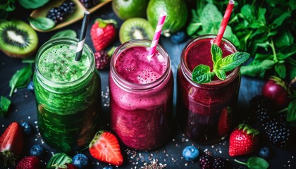 Healthy detoxifying and diet focused smoothies in vibrant green purple and red hues