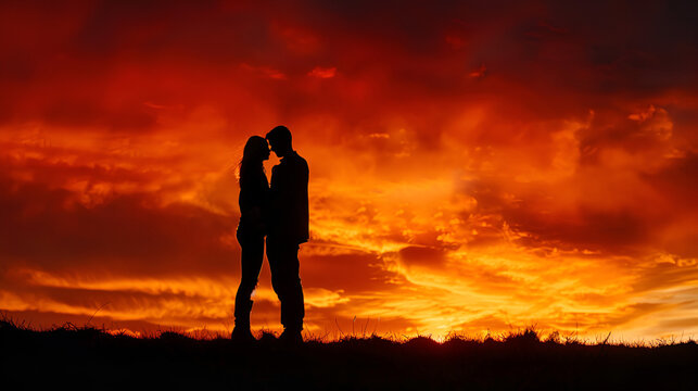 Couple in Love Embracing at a Fiery Sunset, Romantic Silhouette Photo with Dramatic Sky Background, Romantic Moments Captured in Nature, Generative AI

