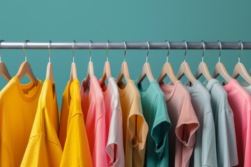Horizontal banner for clothing rack Women s clothes on hangers at home or store Colorful t shirts on display