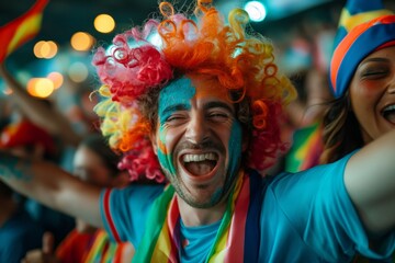 Ecstatic fan with rainbow wig cheering at a sporting event, displaying emotions of joy and excitement, concept of fandom and sports culture