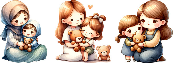 Mom and daughter with teddy bear, Watercolor, Mother's day concept.