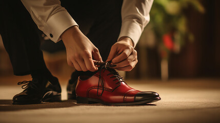 A groom is tying a shoelace