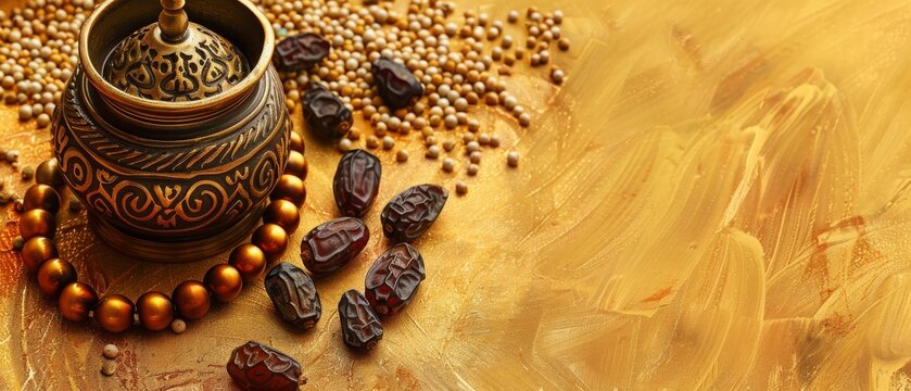 Incense burner prayer beads and dates on gold background