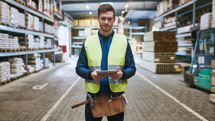 A young smiling construction worker stands in a warehouse with his tool belt around his waist, and checks supplies on his tablet while wearing a yellow safety vest - 756996034