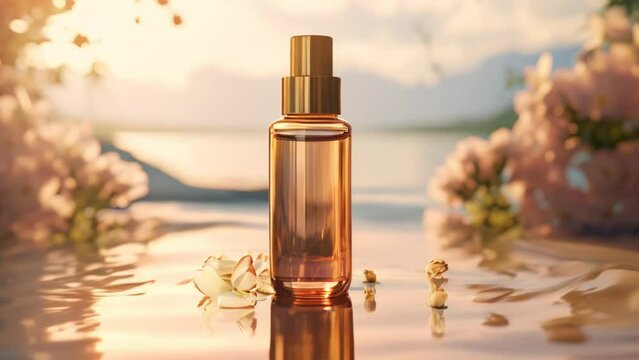 a bottle of perfume sitting on a table with flowers