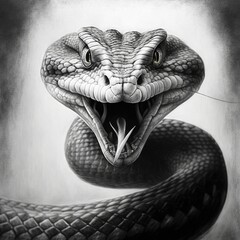 Black and white image of a cobra snake with open mouth.