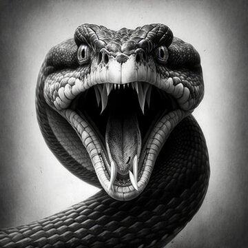 Black and white image of a venomous snake with open mouth.
