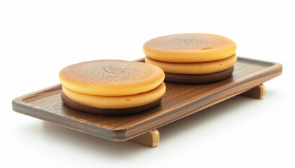 Japanese confectionery called Dorayaki on a white background resting on a wooden tray