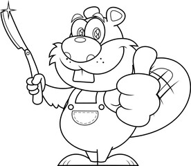 Outlined Cute Beaver Cartoon Character Holding Straight Razor. Vector Hand Drawn Illustration Isolated On Transparent Background