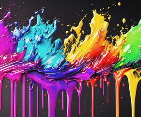 Dripping rainbow gradient color paint splashes as background header. Explosion of colored oil paint on black background with super texture