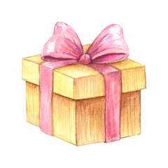 Present birthday box watercolor drawing gift. Anniversary holiday celebration object pink bow. Decoration ribbon isolated on white background