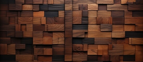 A detailed closeup of a brown wooden wall constructed with rectangular wooden squares. The wall showcases the natural beauty of hardwood and composite materials used as building material
