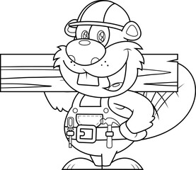 Outlined Cute Beaver Carpenter Cartoon Character Holding Wood Plank. Vector Hand Drawn Illustration Isolated On Transparent Background