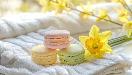 Obraz na płótnie Canvas Macarons with vibrant colors beside yellow flowers and narcissus on a towel