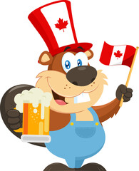 Patriotic Beaver Cartoon Character Holding Mug Of Beer And Waving Canadian Flag. Vector Illustration Flat Design Isolated On Transparent Background © HitToon.com