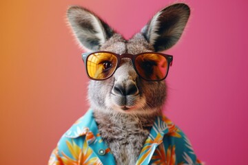 A kangaroo wearing sunglasses and a Hawaiian shirt is standing on a beach