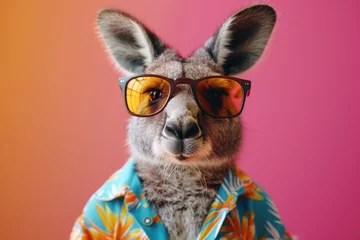 Foto auf Acrylglas A kangaroo wearing sunglasses and a Hawaiian shirt is standing on a beach © itchaznong