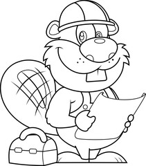 Outlined Cute Beaver Carpenter Cartoon Character With Helmet Holding A Blueprint. Vector Hand Drawn Illustration Isolated On Transparent Background