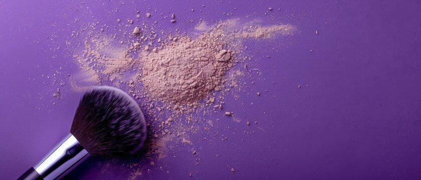 Makeup brush on purple background with traces of powder and blush ideal for makeup school business card design
