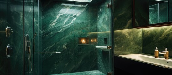 A bathroom in the house featuring a walkin shower with glass walls and a sink. The design mimics automotive exterior elements like windows and windshield