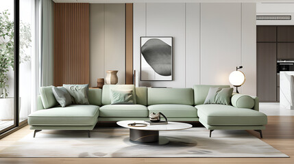 Modern Stylish Bright Living Room Interior with Stylish Scan Technology, Contemporary Home Decor Concept, Generative AI


