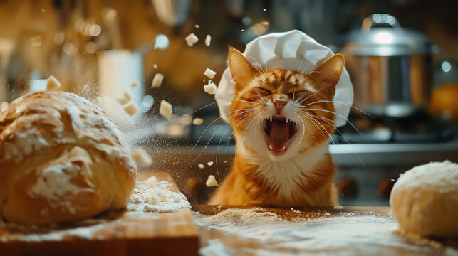 Laughing cat in a chefs hat