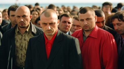 Obraz premium Russian mafia in the 90s. Crime boss with friends. Bandits in Russia. Bratki